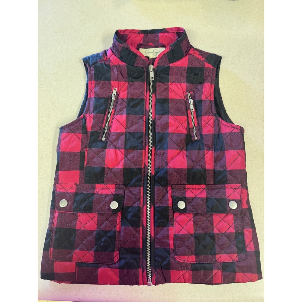 Jessica Simpson Girls Red Black Buffalo Plaid Quilted Puffer Vest Size 6